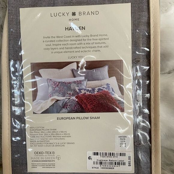 2 X $59 Lucky Brand Hayden Cotton European Sham. $170 Value - Picture 4 of 8